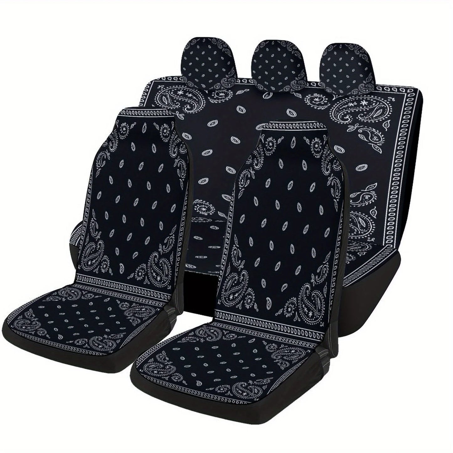 Black Paisley Bandana Themed Car Seat Cover Set for Most Cars, Trendy Novelty Car Seat Protector Covers Full Set, Universal Car