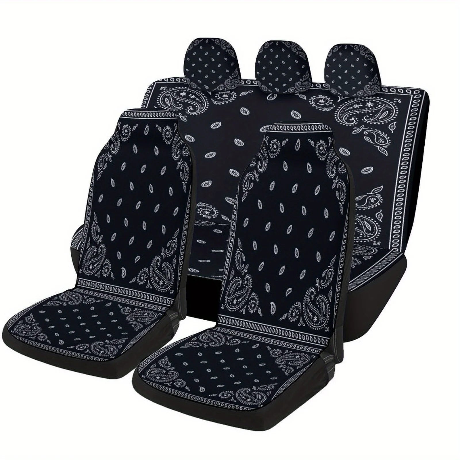 Black Paisley Bandana Themed Car Seat Cover Set for Most Cars, Trendy Novelty Car Seat Protector Covers Full Set, Universal Car