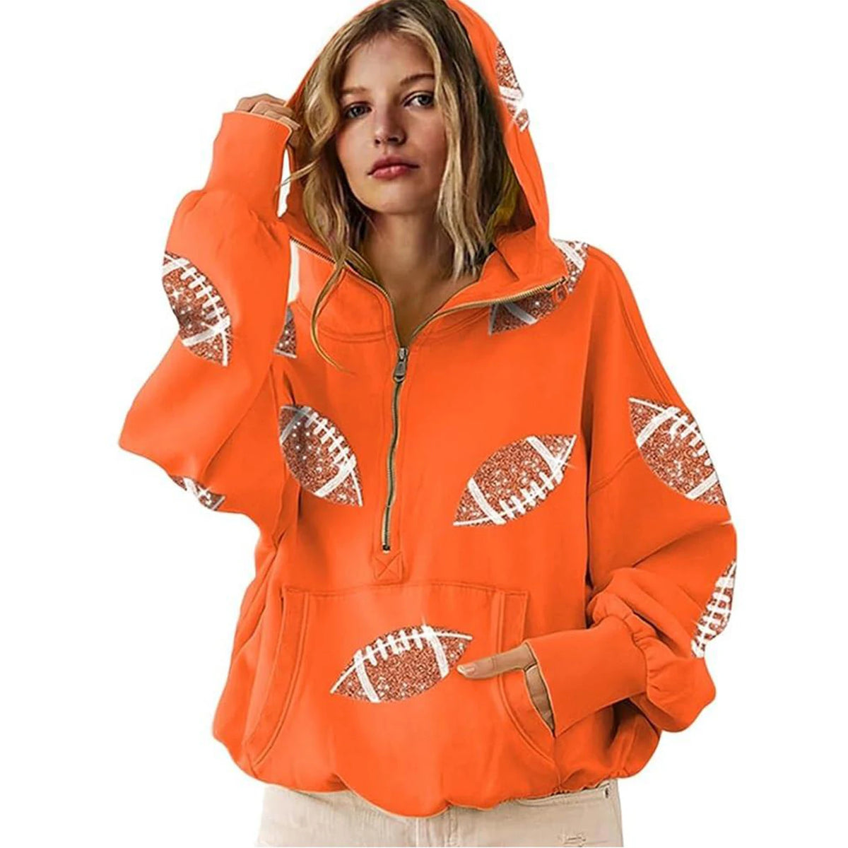 2025 Women Hooded Sweatshirt Rugby Print Half Zipper Hoodie Long Sleeve Hooded Sequined Rugby Loose Sweatshirt Pullover Tops
