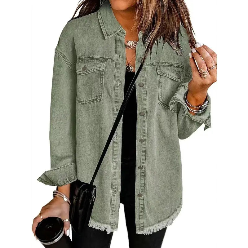 New Washed Denim Shirt Jacket for Autumn and Winter, Unique Street Style with Frayed Hem