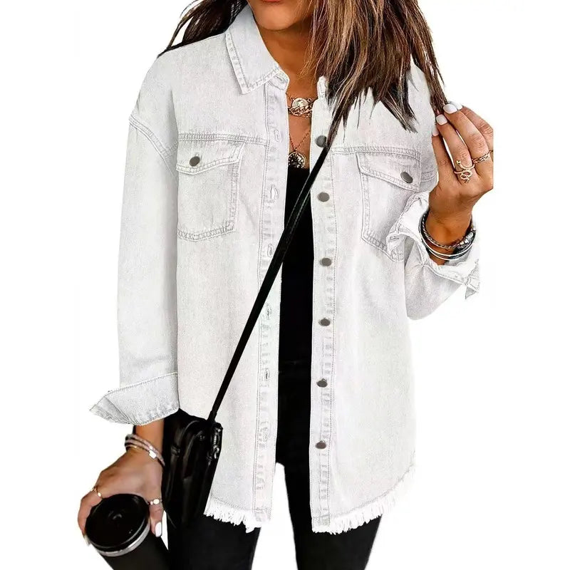 New Washed Denim Shirt Jacket for Autumn and Winter, Unique Street Style with Frayed Hem
