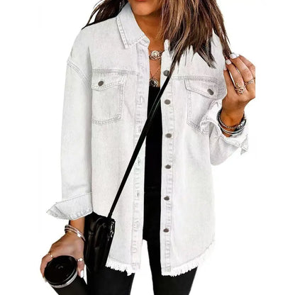 New Washed Denim Shirt Jacket for Autumn and Winter, Unique Street Style with Frayed Hem