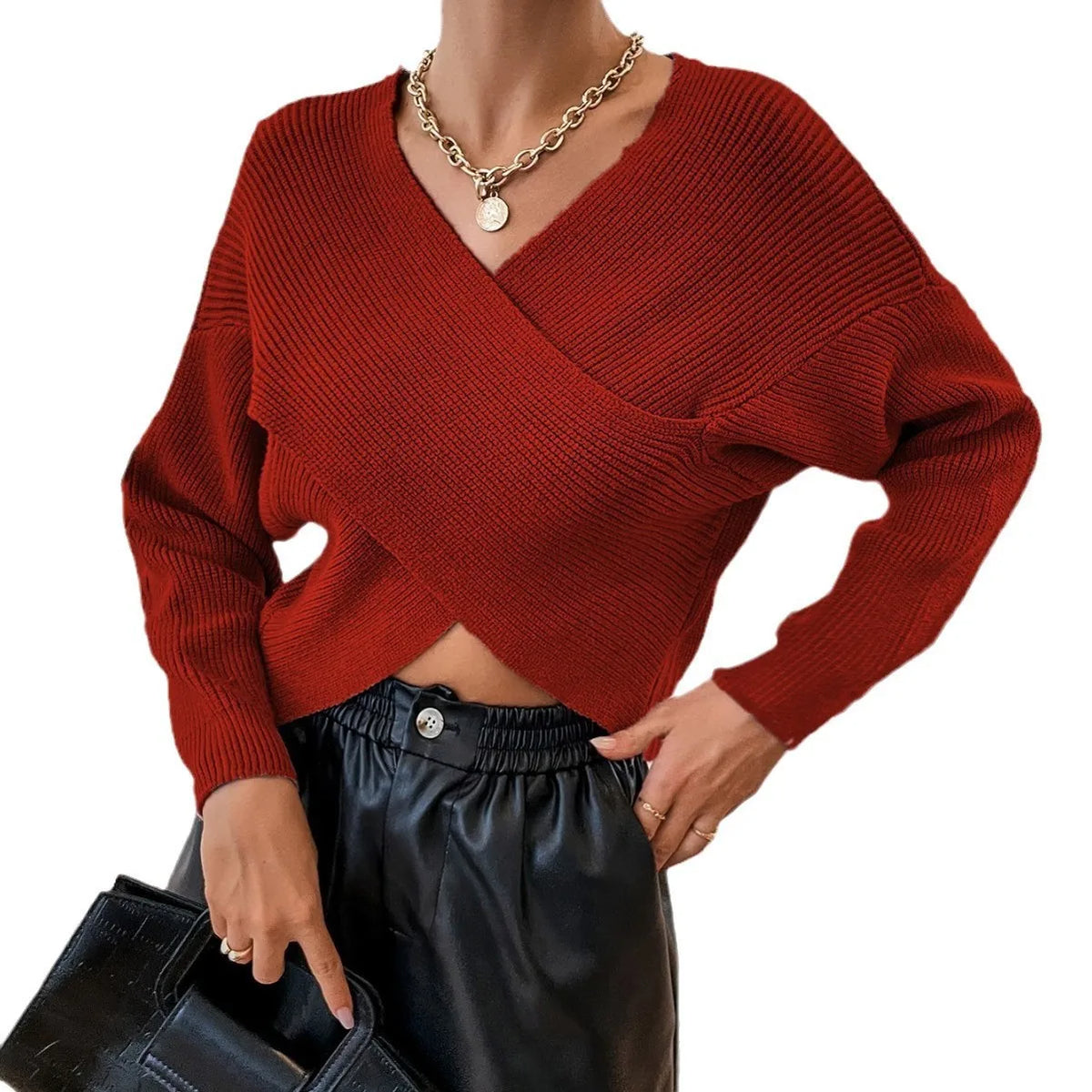 Women European Wrap V Neck Knit Sweater off Shoulder Loose Long Sleeve Ribbed Jumper