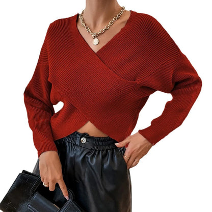 Women European Wrap V Neck Knit Sweater off Shoulder Loose Long Sleeve Ribbed Jumper