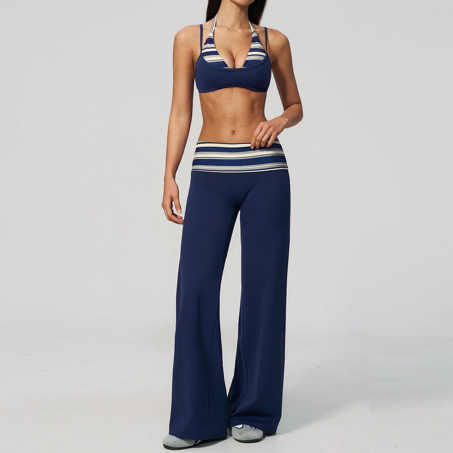 2PCS Yoga Suit Polka Dot Striped Women Tracksuit Gym Outfit Running Workout Fold over Waist Wide Leg Flare Pants Yoga Clothing