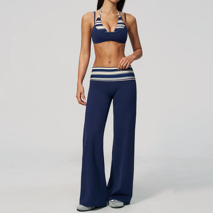 2PCS Yoga Suit Polka Dot Striped Women Tracksuit Gym Outfit Running Workout Fold over Waist Wide Leg Flare Pants Yoga Clothing