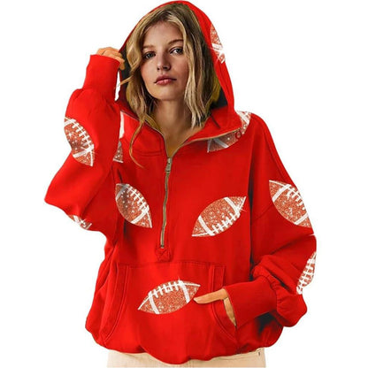 2025 Women Hooded Sweatshirt Rugby Print Half Zipper Hoodie Long Sleeve Hooded Sequined Rugby Loose Sweatshirt Pullover Tops