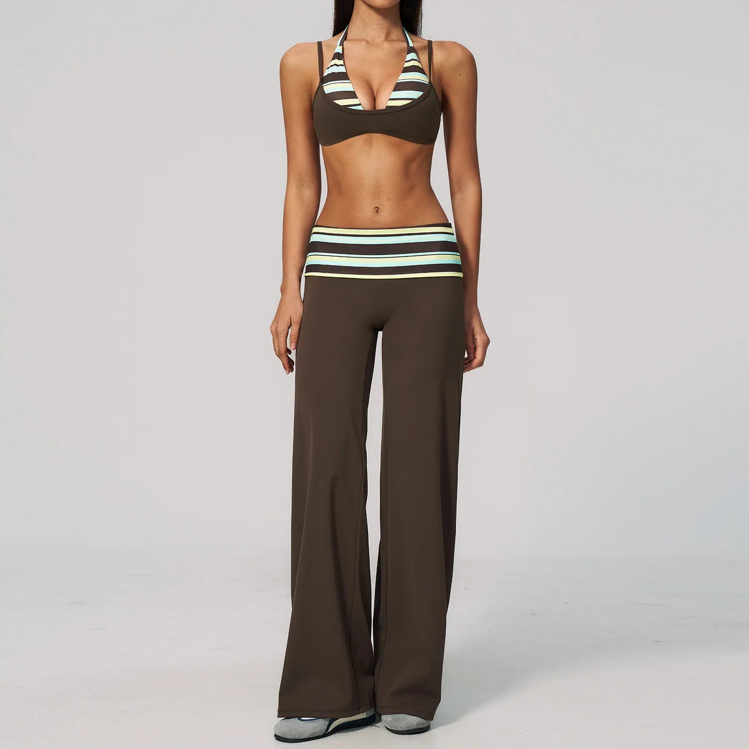 2PCS Yoga Suit Polka Dot Striped Women Tracksuit Gym Outfit Running Workout Fold over Waist Wide Leg Flare Pants Yoga Clothing