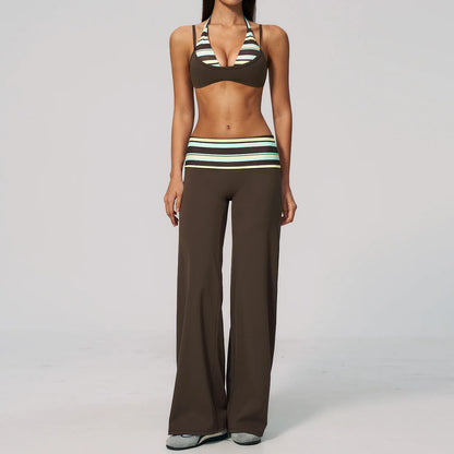 2PCS Yoga Suit Polka Dot Striped Women Tracksuit Gym Outfit Running Workout Fold over Waist Wide Leg Flare Pants Yoga Clothing