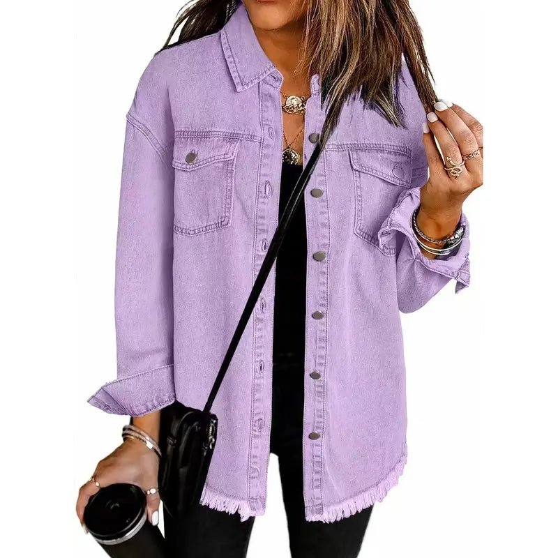 New Washed Denim Shirt Jacket for Autumn and Winter, Unique Street Style with Frayed Hem