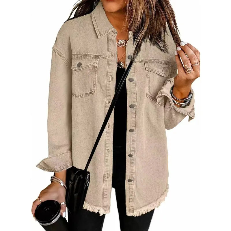 New Washed Denim Shirt Jacket for Autumn and Winter, Unique Street Style with Frayed Hem