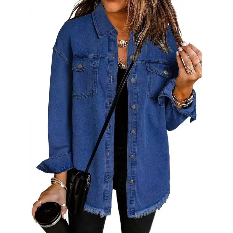 New Washed Denim Shirt Jacket for Autumn and Winter, Unique Street Style with Frayed Hem