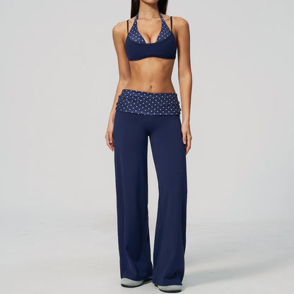 2PCS Yoga Suit Polka Dot Striped Women Tracksuit Gym Outfit Running Workout Fold over Waist Wide Leg Flare Pants Yoga Clothing