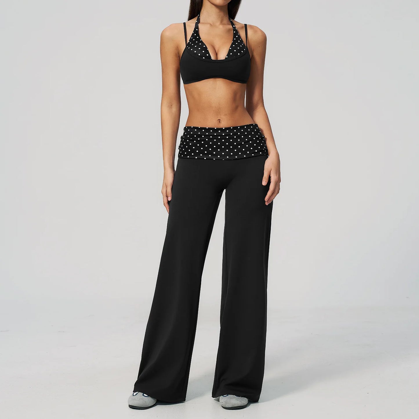 2PCS Yoga Suit Polka Dot Striped Women Tracksuit Gym Outfit Running Workout Fold over Waist Wide Leg Flare Pants Yoga Clothing
