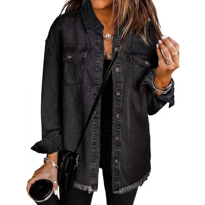 New Washed Denim Shirt Jacket for Autumn and Winter, Unique Street Style with Frayed Hem