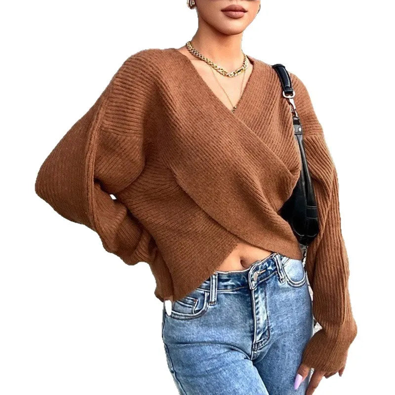 Women European Wrap V Neck Knit Sweater off Shoulder Loose Long Sleeve Ribbed Jumper