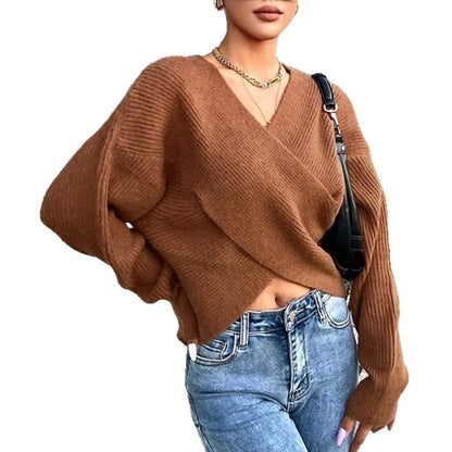 Women European Wrap V Neck Knit Sweater off Shoulder Loose Long Sleeve Ribbed Jumper