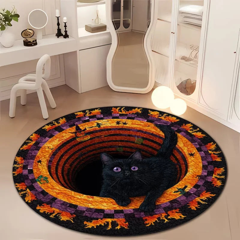 Visual Hole Black Cat round Halloween Rug Optical Illusion Circular Floor Mat Non Slip Soft Carpet for Bedroom Dorm Home Decor