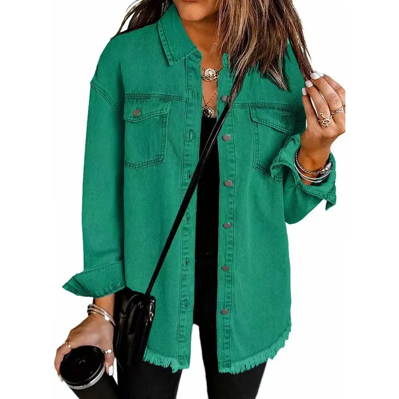 New Washed Denim Shirt Jacket for Autumn and Winter, Unique Street Style with Frayed Hem