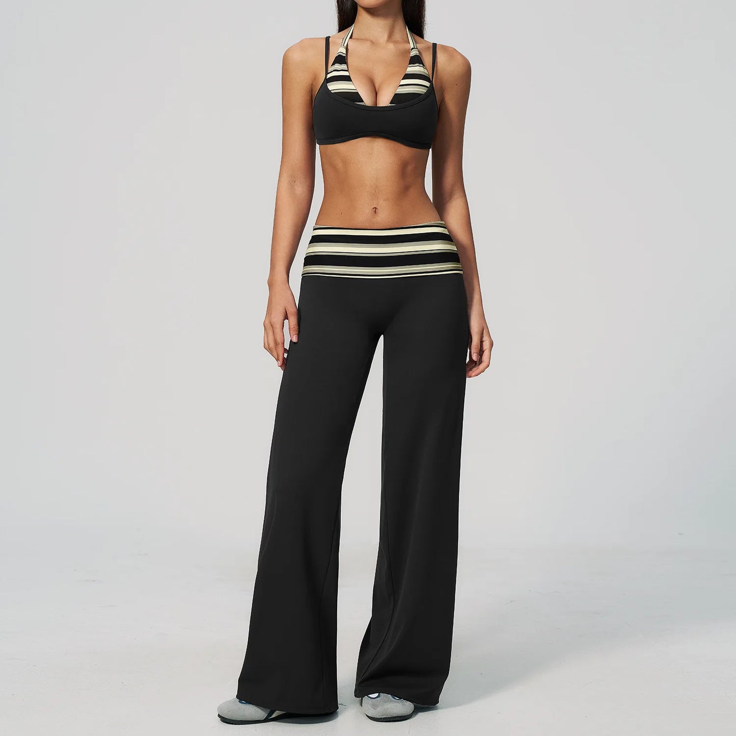 2PCS Yoga Suit Polka Dot Striped Women Tracksuit Gym Outfit Running Workout Fold over Waist Wide Leg Flare Pants Yoga Clothing