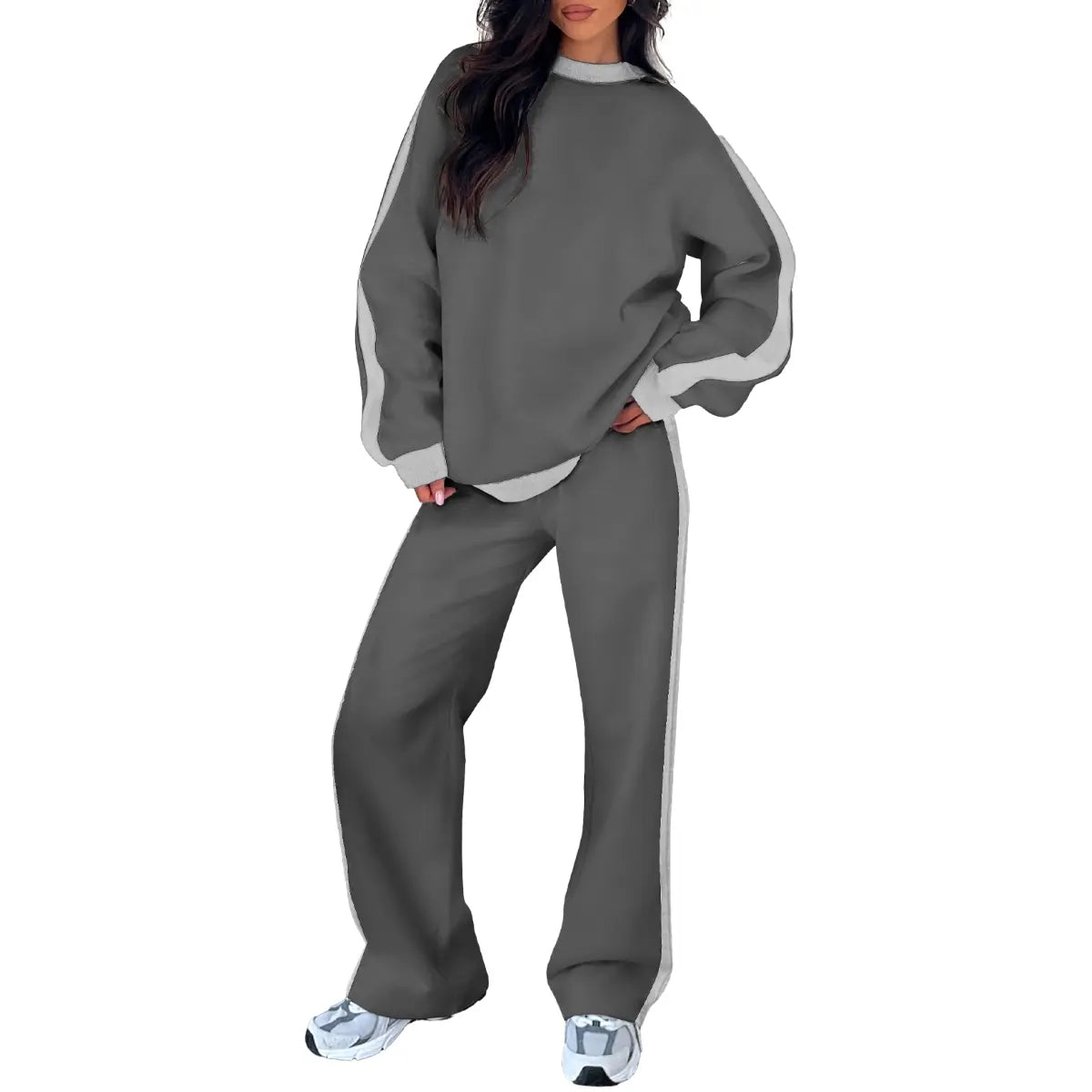 Aleumdr Women'S 2-Piece Fleece Sweatsuit Matching Set - Crewneck Sweatshirt, Straight Leg Sweatpants, Sweatset Style, Soft Fleece Feels Gentle on Skin, Loose Cut Lets You Stretch Freely, Great for Yoga, Walks, Lounging, 2 Piece Pants Set Women, Great For,