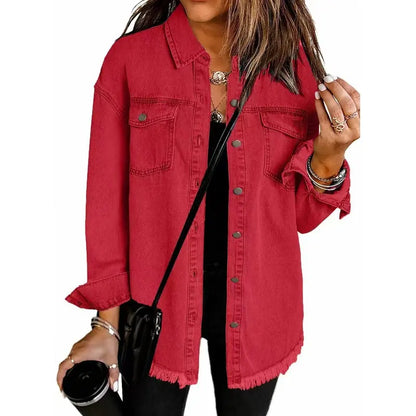 New Washed Denim Shirt Jacket for Autumn and Winter, Unique Street Style with Frayed Hem
