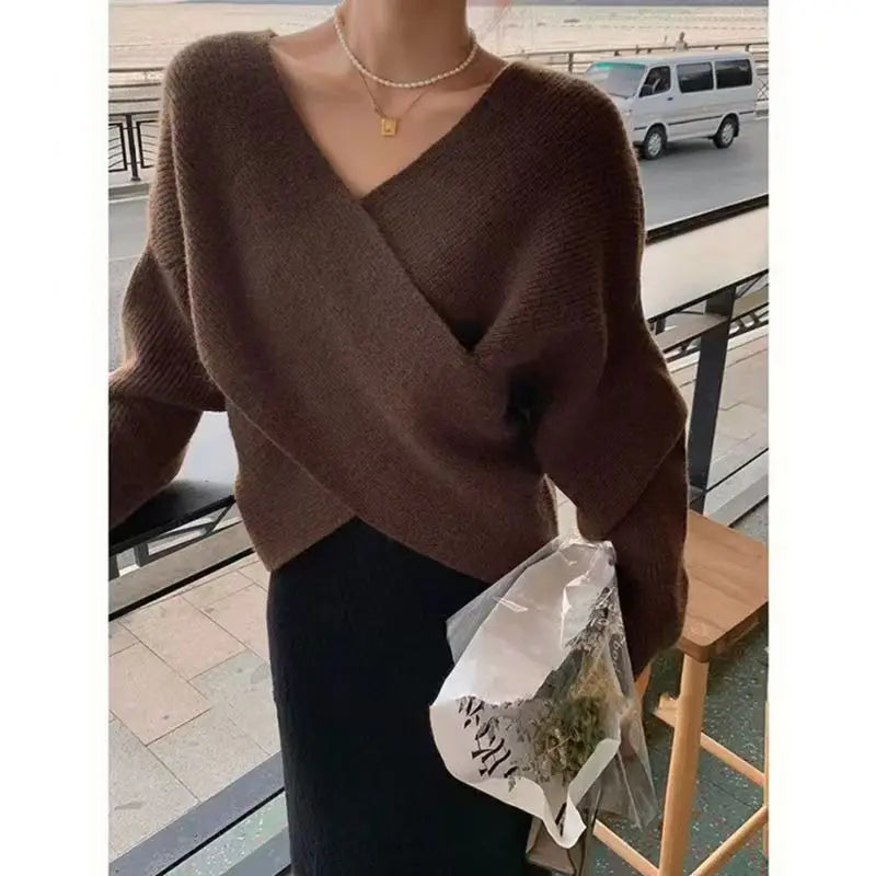 Women European Wrap V Neck Knit Sweater off Shoulder Loose Long Sleeve Ribbed Jumper