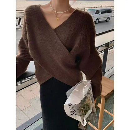 Women European Wrap V Neck Knit Sweater off Shoulder Loose Long Sleeve Ribbed Jumper