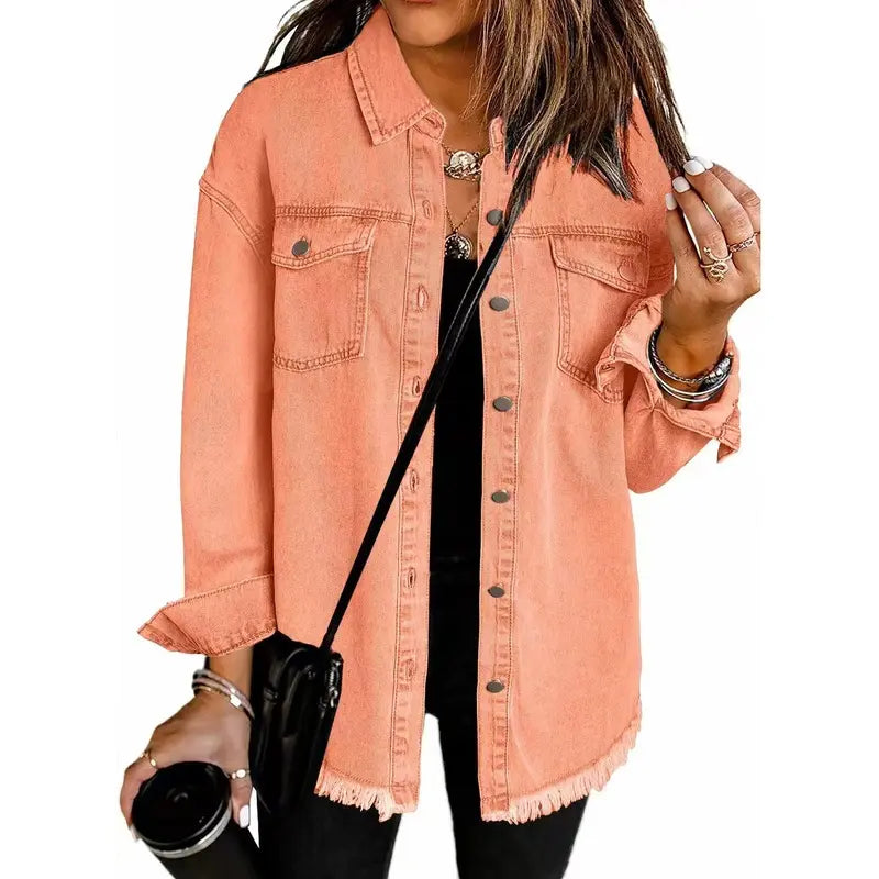 New Washed Denim Shirt Jacket for Autumn and Winter, Unique Street Style with Frayed Hem