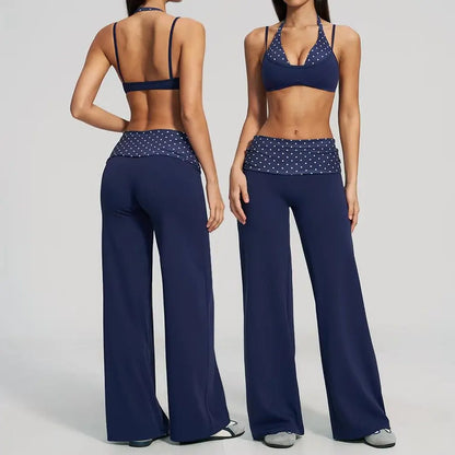 2PCS Yoga Suit Polka Dot Striped Women Tracksuit Gym Outfit Running Workout Fold over Waist Wide Leg Flare Pants Yoga Clothing