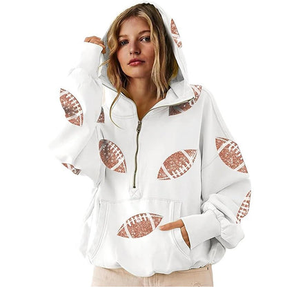 2025 Women Hooded Sweatshirt Rugby Print Half Zipper Hoodie Long Sleeve Hooded Sequined Rugby Loose Sweatshirt Pullover Tops