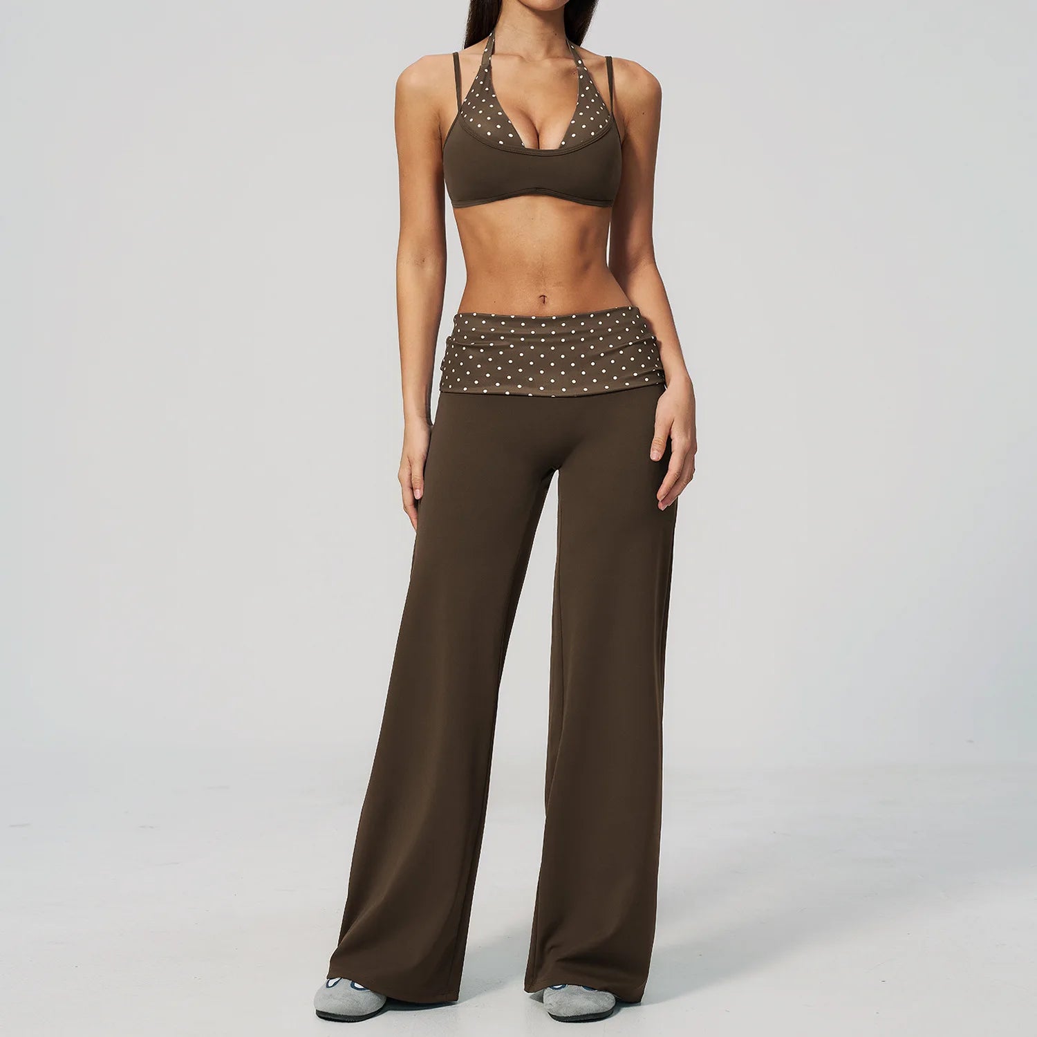 2PCS Yoga Suit Polka Dot Striped Women Tracksuit Gym Outfit Running Workout Fold over Waist Wide Leg Flare Pants Yoga Clothing