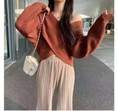 Women European Wrap V Neck Knit Sweater off Shoulder Loose Long Sleeve Ribbed Jumper