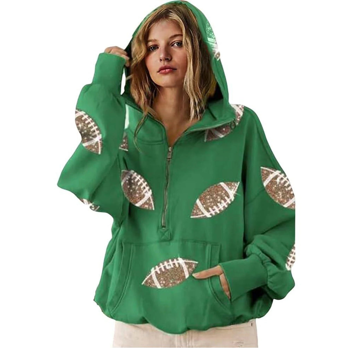 2025 Women Hooded Sweatshirt Rugby Print Half Zipper Hoodie Long Sleeve Hooded Sequined Rugby Loose Sweatshirt Pullover Tops