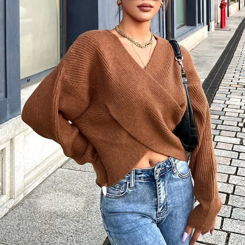 Women European Wrap V Neck Knit Sweater off Shoulder Loose Long Sleeve Ribbed Jumper