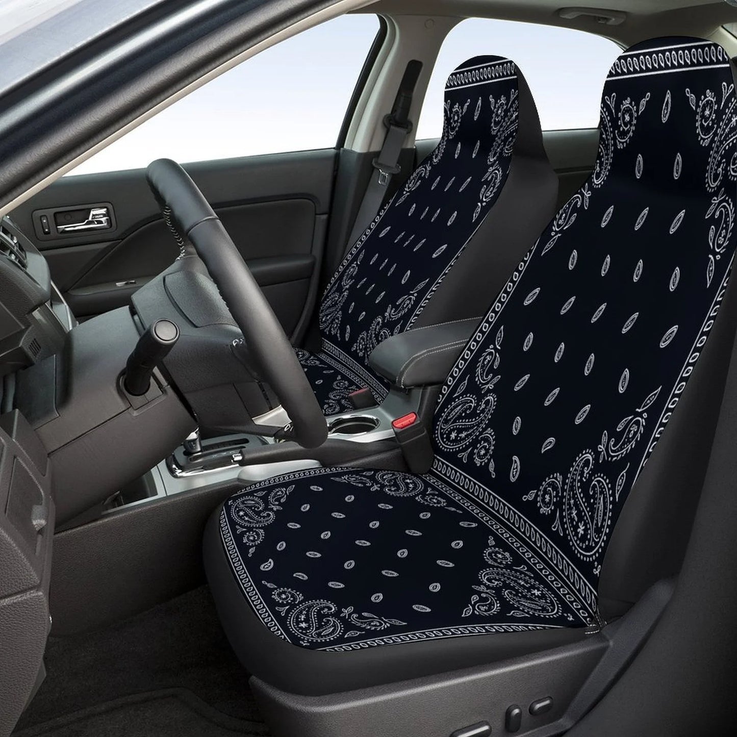 Black Paisley Bandana Themed Car Seat Cover Set for Most Cars, Trendy Novelty Car Seat Protector Covers Full Set, Universal Car