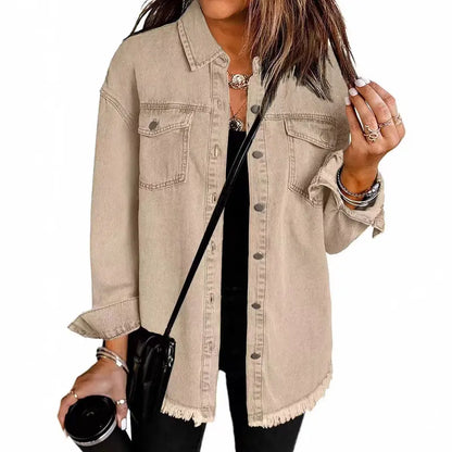 New Washed Denim Shirt Jacket for Autumn and Winter, Unique Street Style with Frayed Hem