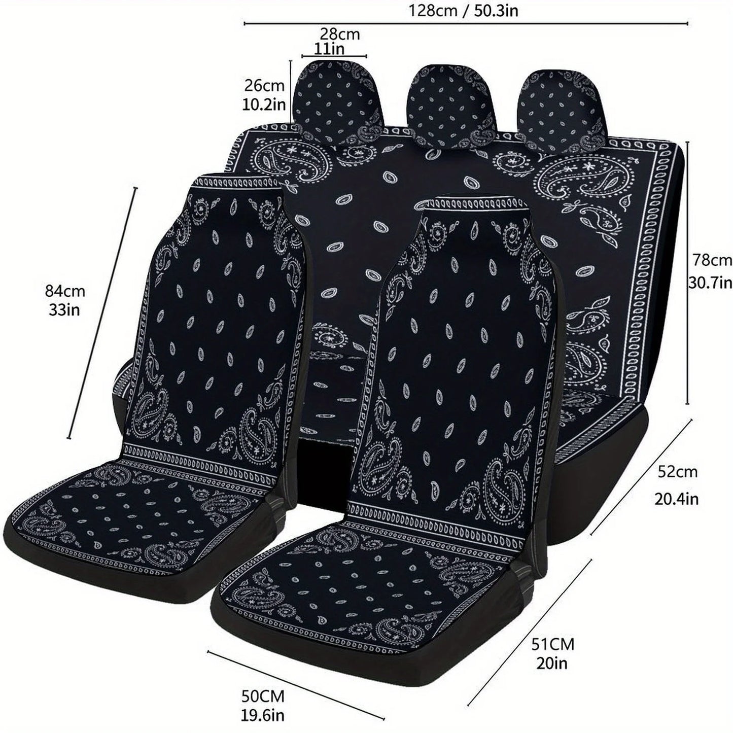 Black Paisley Bandana Themed Car Seat Cover Set for Most Cars, Trendy Novelty Car Seat Protector Covers Full Set, Universal Car