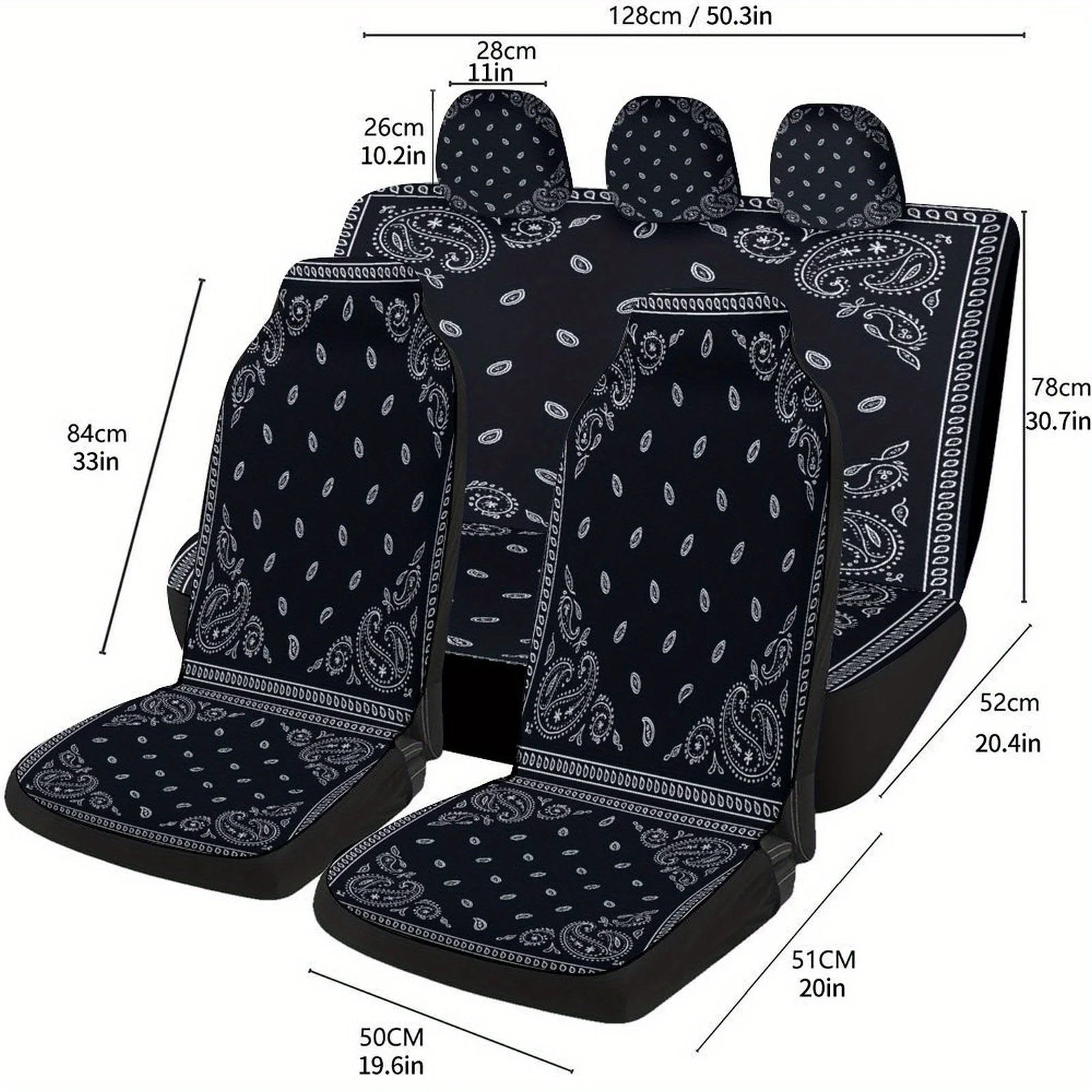 Black Paisley Bandana Themed Car Seat Cover Set for Most Cars, Trendy Novelty Car Seat Protector Covers Full Set, Universal Car