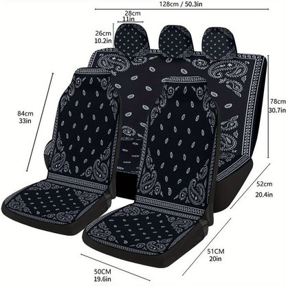 Black Paisley Bandana Themed Car Seat Cover Set for Most Cars, Trendy Novelty Car Seat Protector Covers Full Set, Universal Car