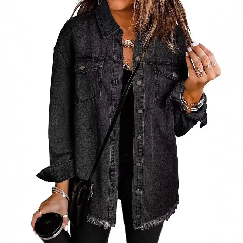 New Washed Denim Shirt Jacket for Autumn and Winter, Unique Street Style with Frayed Hem