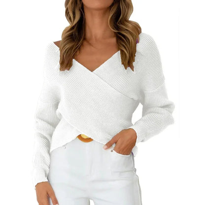 Women European Wrap V Neck Knit Sweater off Shoulder Loose Long Sleeve Ribbed Jumper