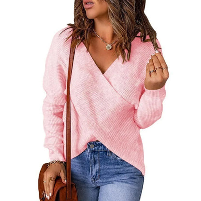 Women European Wrap V Neck Knit Sweater off Shoulder Loose Long Sleeve Ribbed Jumper