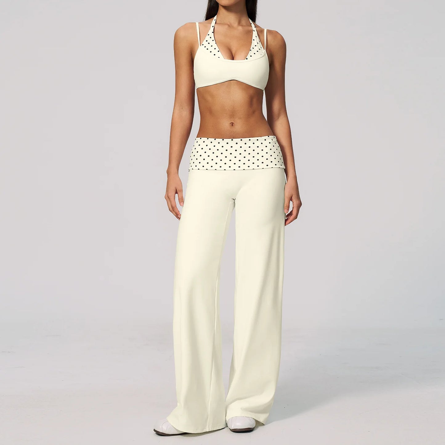 2PCS Yoga Suit Polka Dot Striped Women Tracksuit Gym Outfit Running Workout Fold over Waist Wide Leg Flare Pants Yoga Clothing