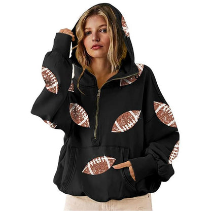 2025 Women Hooded Sweatshirt Rugby Print Half Zipper Hoodie Long Sleeve Hooded Sequined Rugby Loose Sweatshirt Pullover Tops