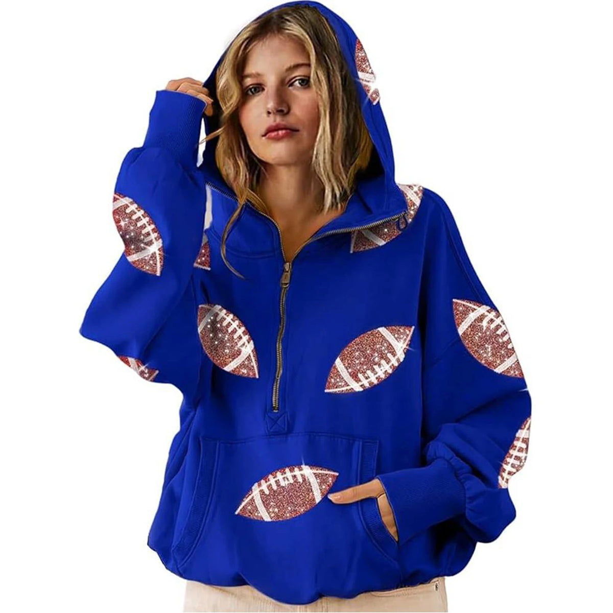 2025 Women Hooded Sweatshirt Rugby Print Half Zipper Hoodie Long Sleeve Hooded Sequined Rugby Loose Sweatshirt Pullover Tops
