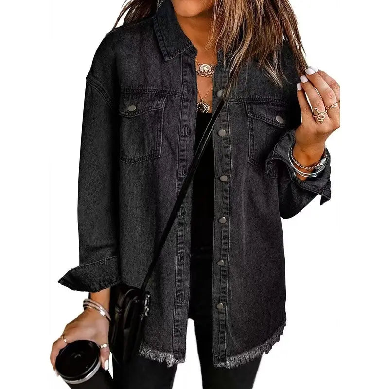 New Washed Denim Shirt Jacket for Autumn and Winter, Unique Street Style with Frayed Hem