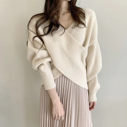 Women European Wrap V Neck Knit Sweater off Shoulder Loose Long Sleeve Ribbed Jumper