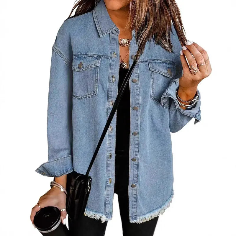 New Washed Denim Shirt Jacket for Autumn and Winter, Unique Street Style with Frayed Hem