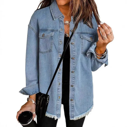 New Washed Denim Shirt Jacket for Autumn and Winter, Unique Street Style with Frayed Hem